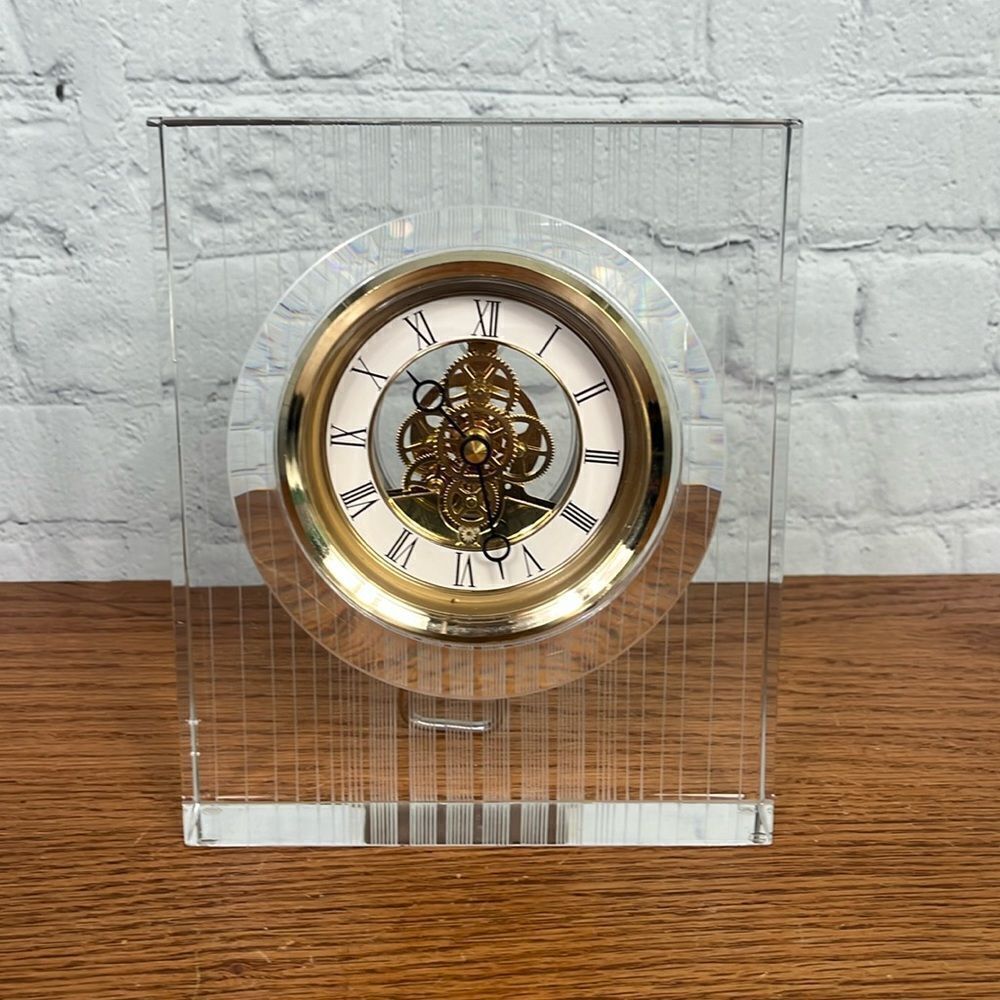 Stunning Bulova crystal clock that shows the gears moving as it works.